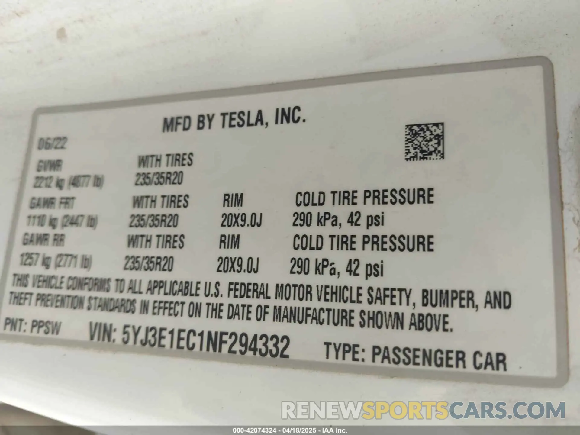 9 fotografías del automóvil dañado 5YJ3E1EC1NF294332 TESLA MODEL 3 2022