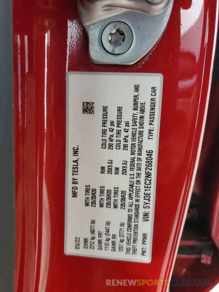 15 fotografías del automóvil dañado 5YJ3E1EC2NF268046 TESLA MODEL 3 2022