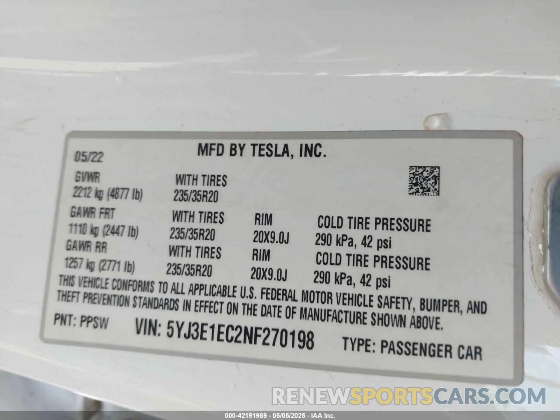 9 fotografías del automóvil dañado 5YJ3E1EC2NF270198 TESLA MODEL 3 2022