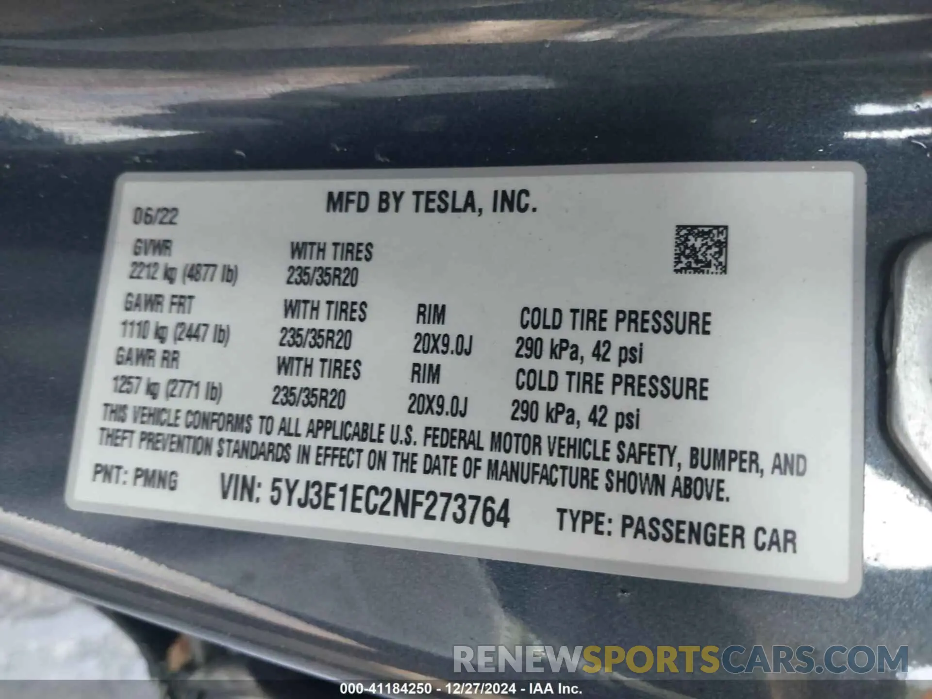 8 fotografías del automóvil dañado 5YJ3E1EC2NF273764 TESLA MODEL 3 2022