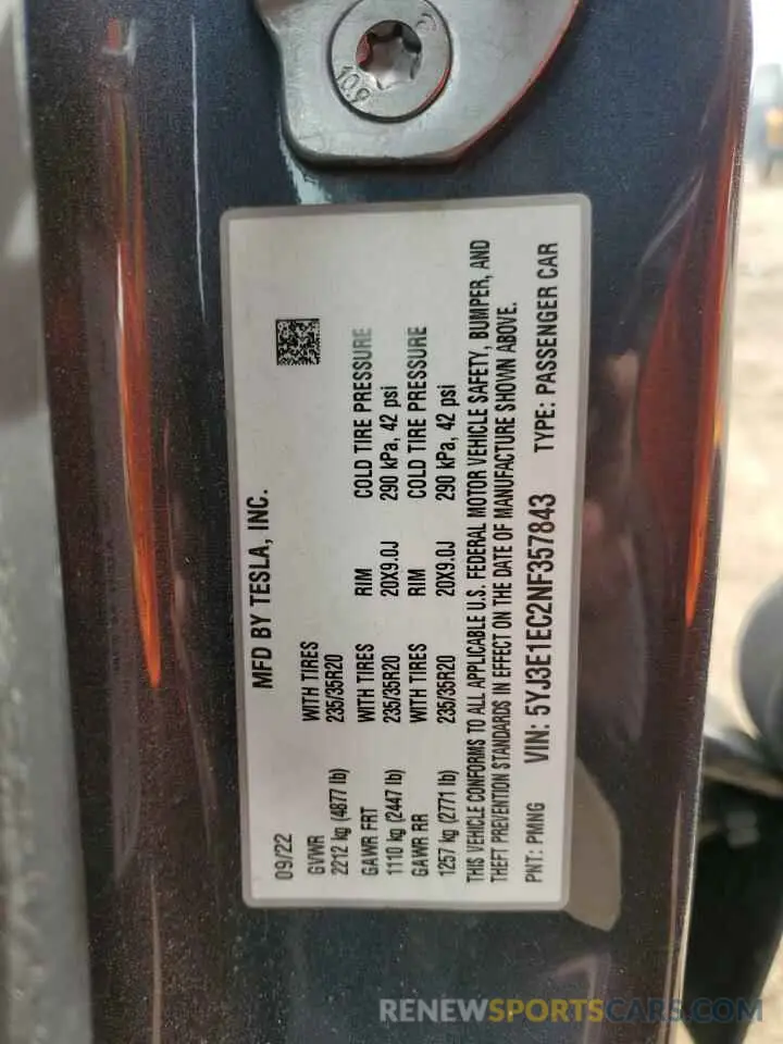 12 fotografías del automóvil dañado 5YJ3E1EC2NF357843 TESLA MODEL 3 2022