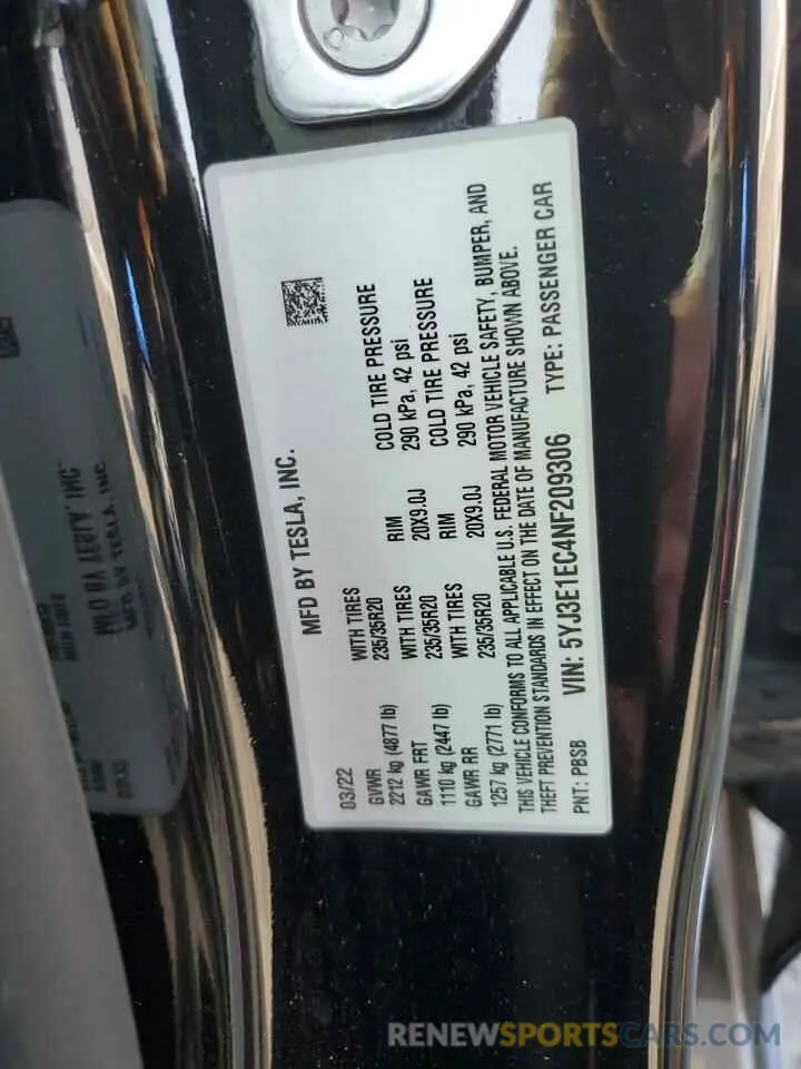 13 fotografías del automóvil dañado 5YJ3E1EC4NF209306 TESLA MODEL 3 2022