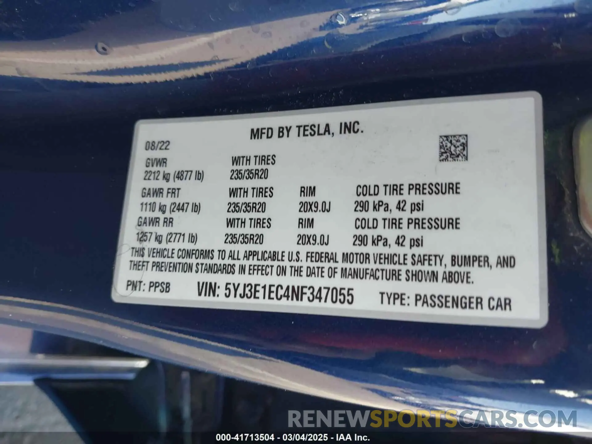 9 fotografías del automóvil dañado 5YJ3E1EC4NF347055 TESLA MODEL 3 2022