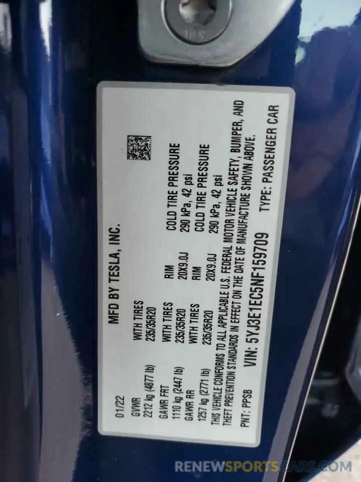 12 fotografías del automóvil dañado 5YJ3E1EC5NF159709 TESLA MODEL 3 2022