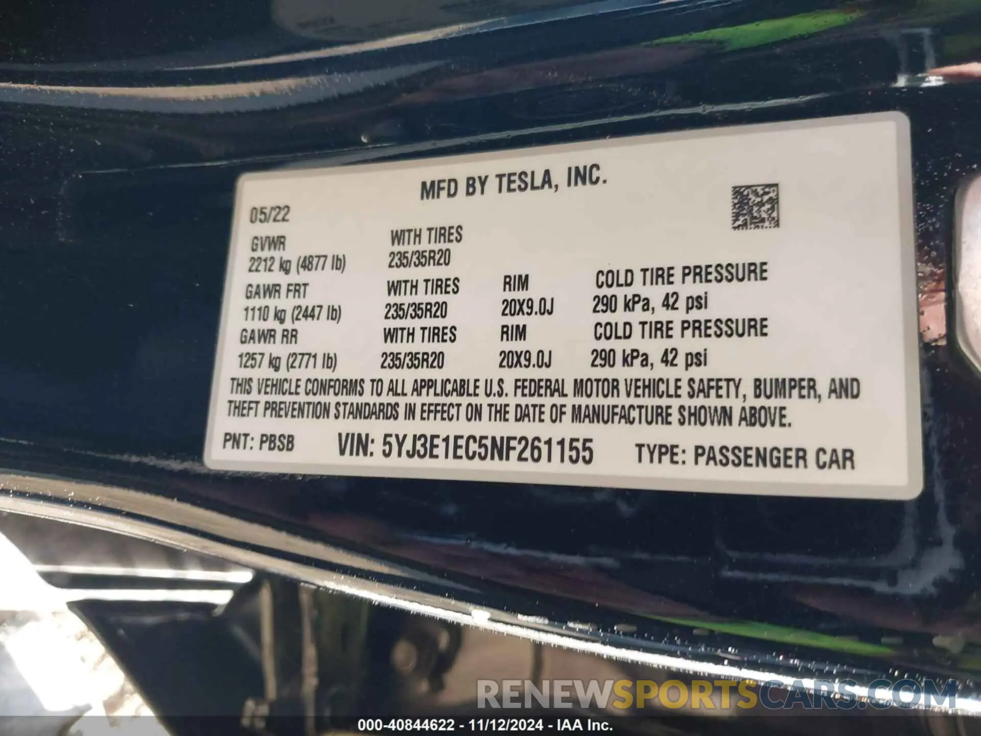 9 fotografías del automóvil dañado 5YJ3E1EC5NF261155 TESLA MODEL 3 2022