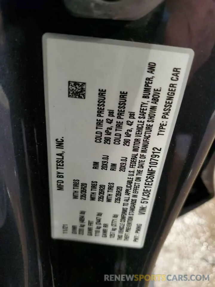 13 fotografías del automóvil dañado 5YJ3E1EC6NF107912 TESLA MODEL 3 2022