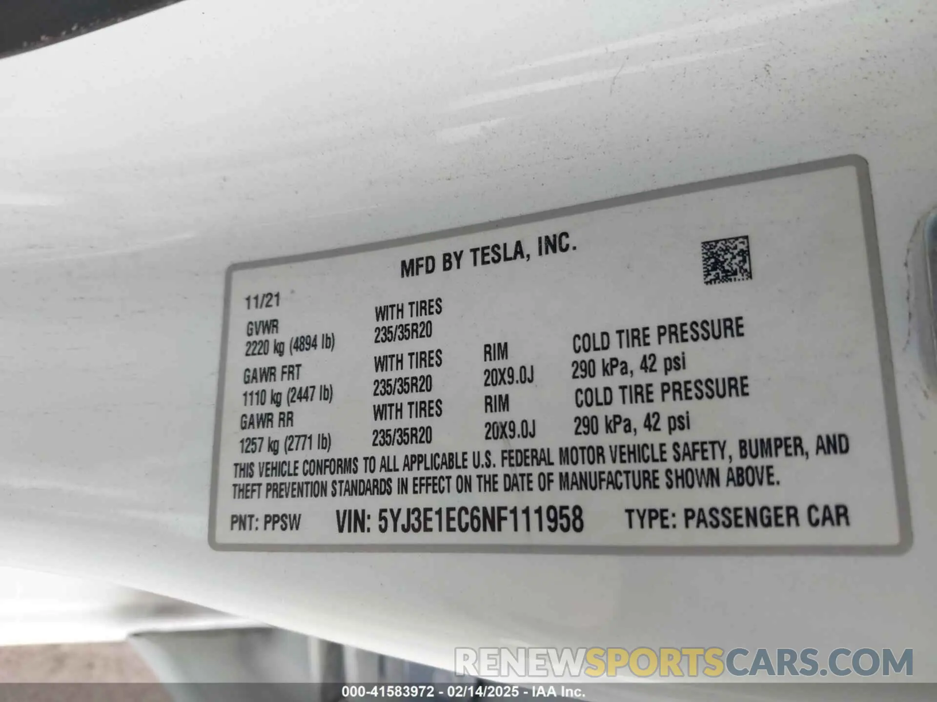 9 fotografías del automóvil dañado 5YJ3E1EC6NF111958 TESLA MODEL 3 2022