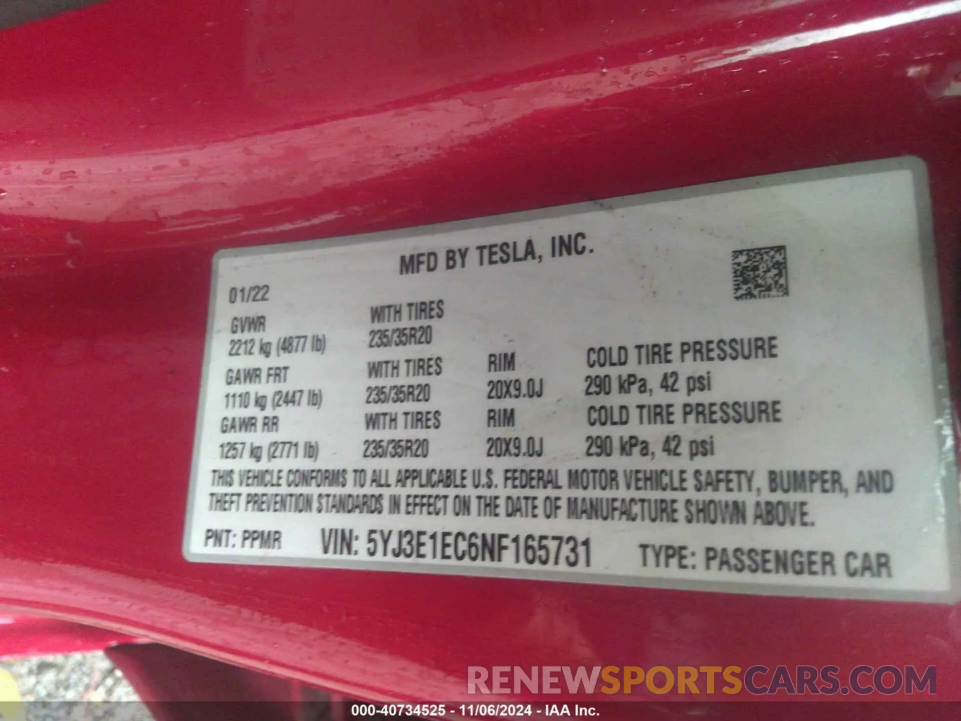 9 fotografías del automóvil dañado 5YJ3E1EC6NF165731 TESLA MODEL 3 2022