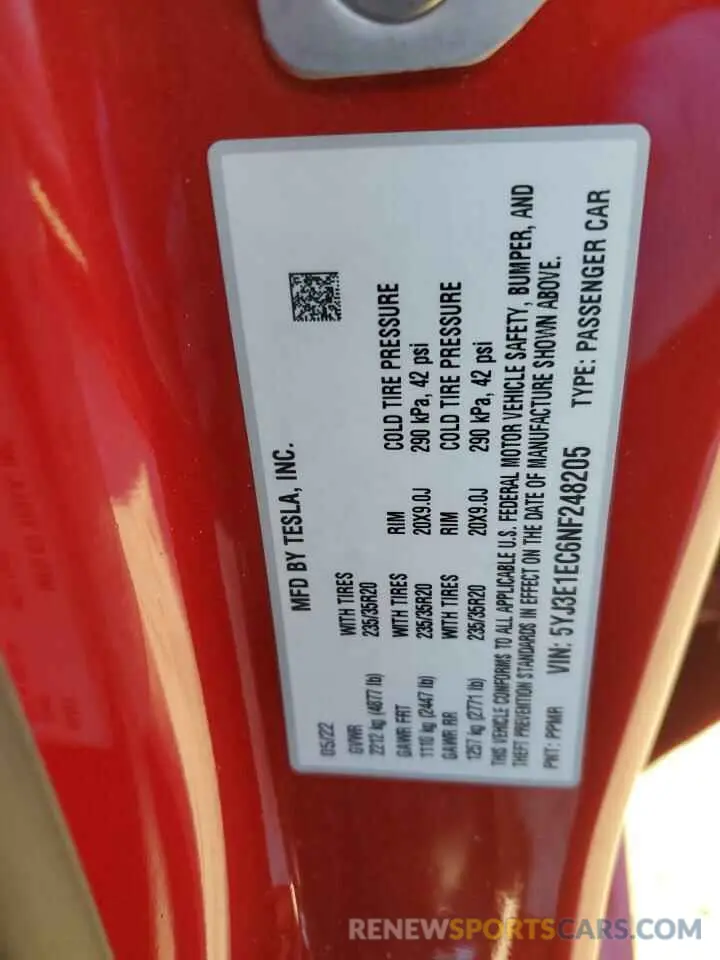14 fotografías del automóvil dañado 5YJ3E1EC6NF248205 TESLA MODEL 3 2022