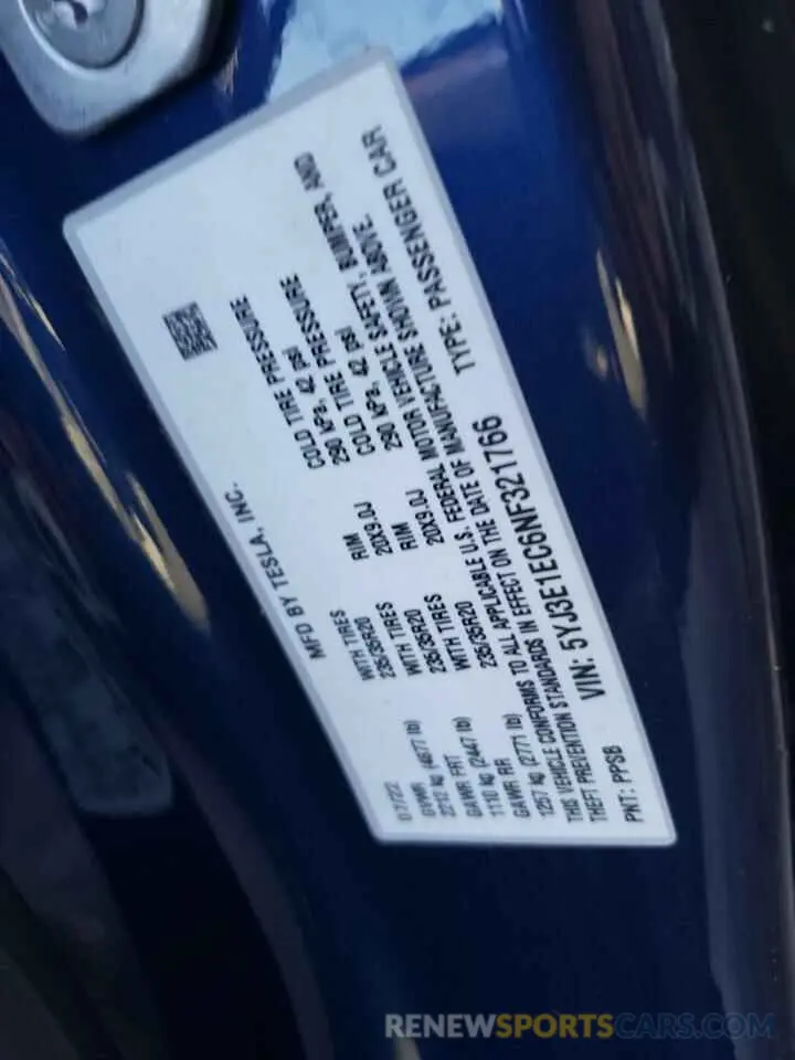 10 fotografías del automóvil dañado 5YJ3E1EC6NF321766 TESLA MODEL 3 2022