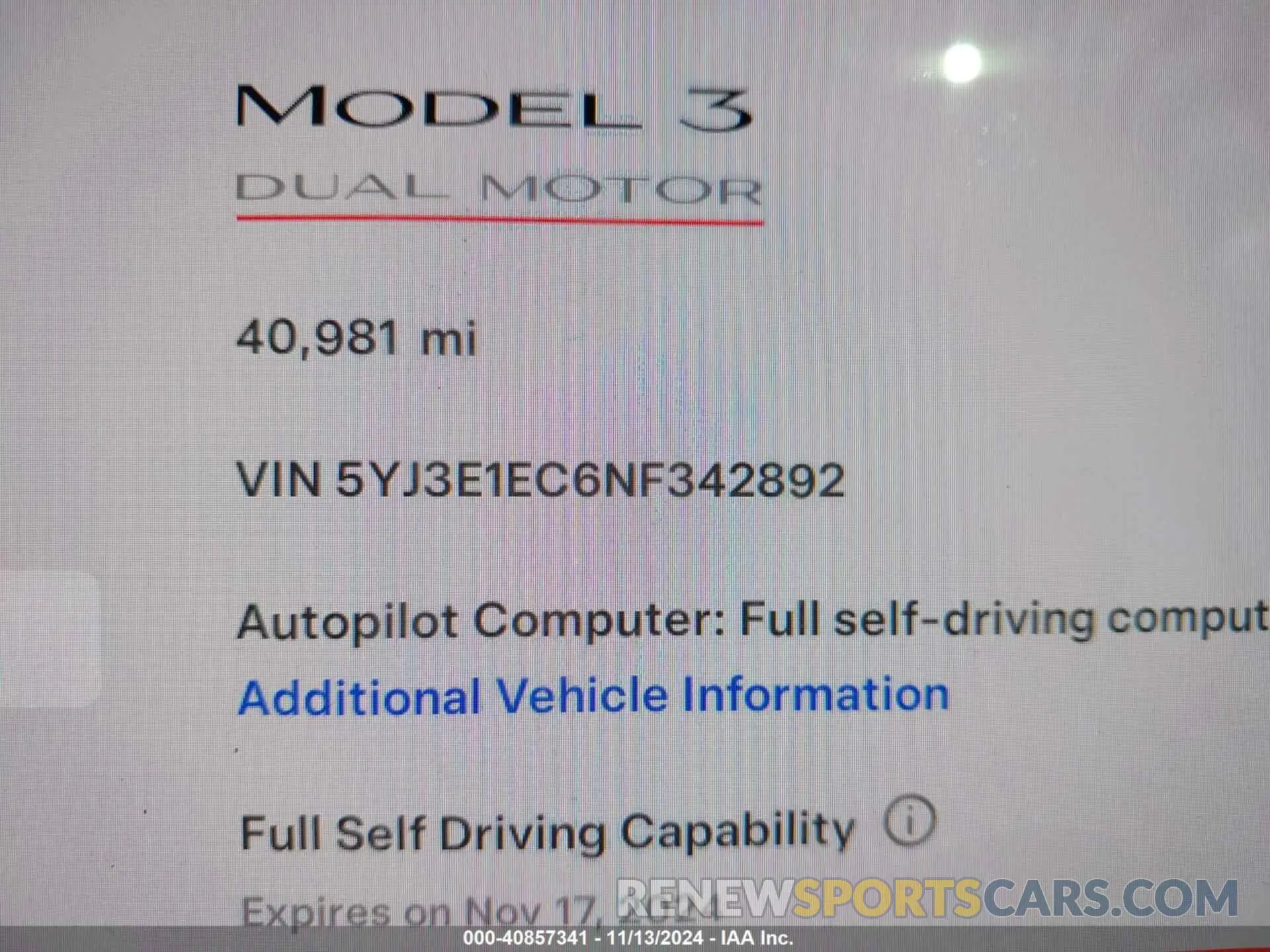 7 fotografías del automóvil dañado 5YJ3E1EC6NF342892 TESLA MODEL 3 2022