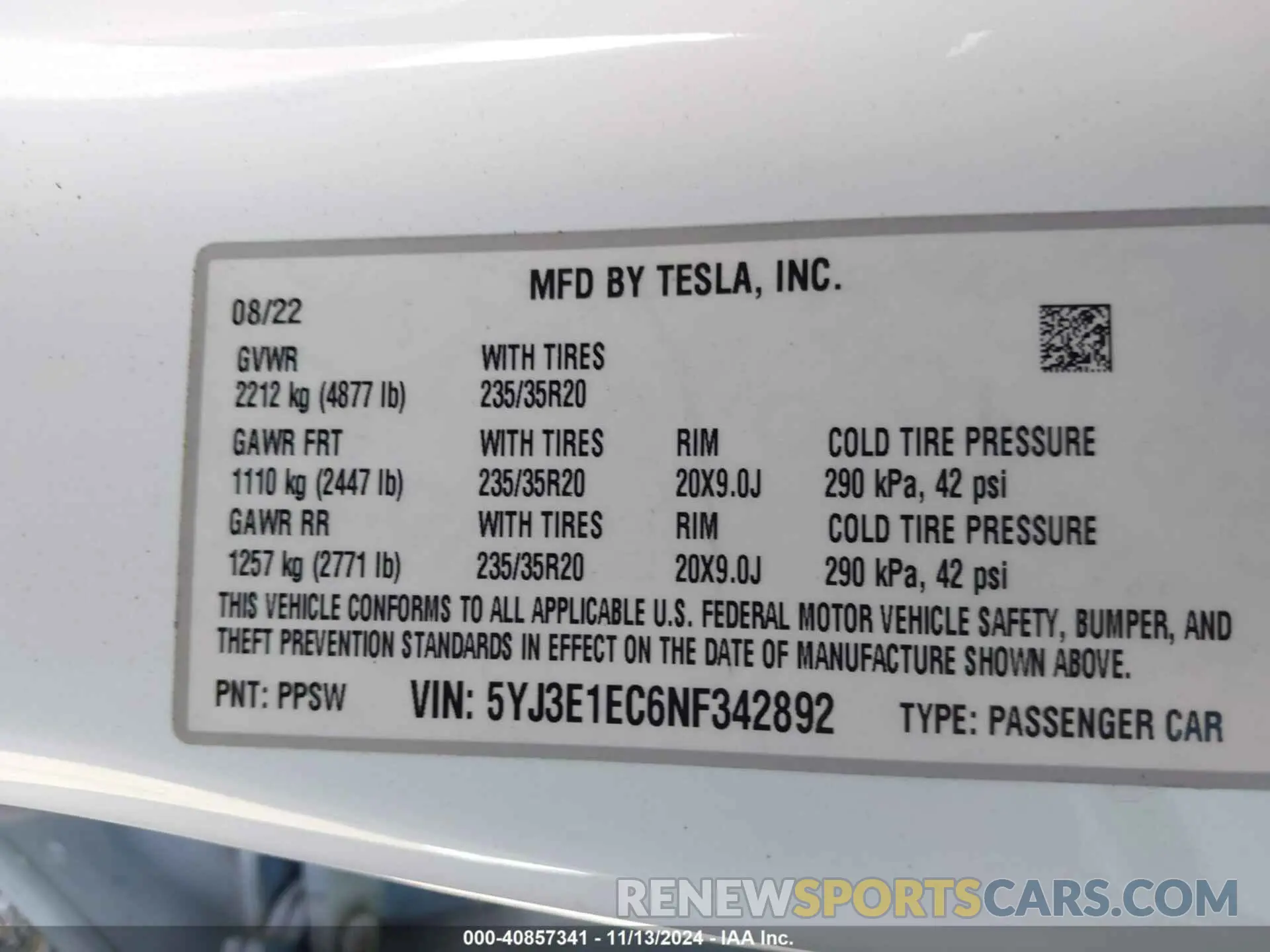 9 fotografías del automóvil dañado 5YJ3E1EC6NF342892 TESLA MODEL 3 2022