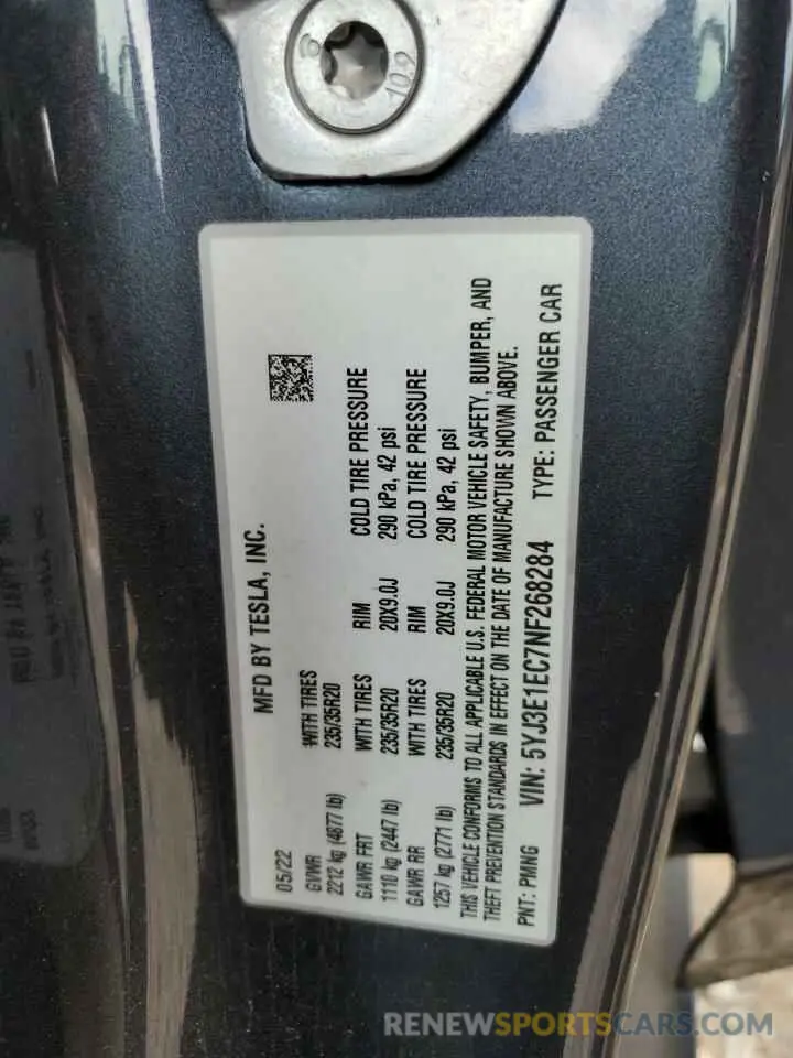 12 fotografías del automóvil dañado 5YJ3E1EC7NF268284 TESLA MODEL 3 2022