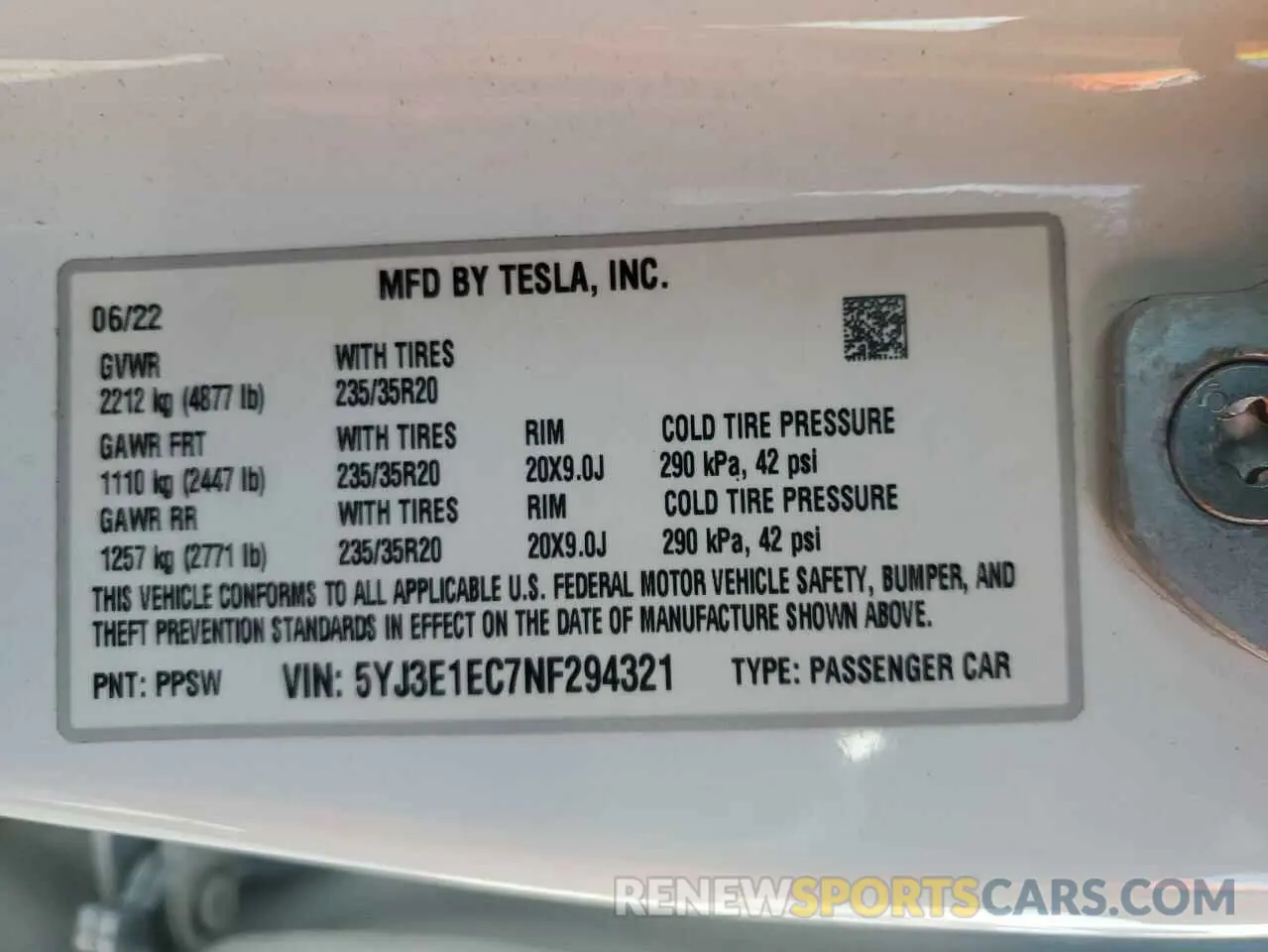 12 fotografías del automóvil dañado 5YJ3E1EC7NF294321 TESLA MODEL 3 2022