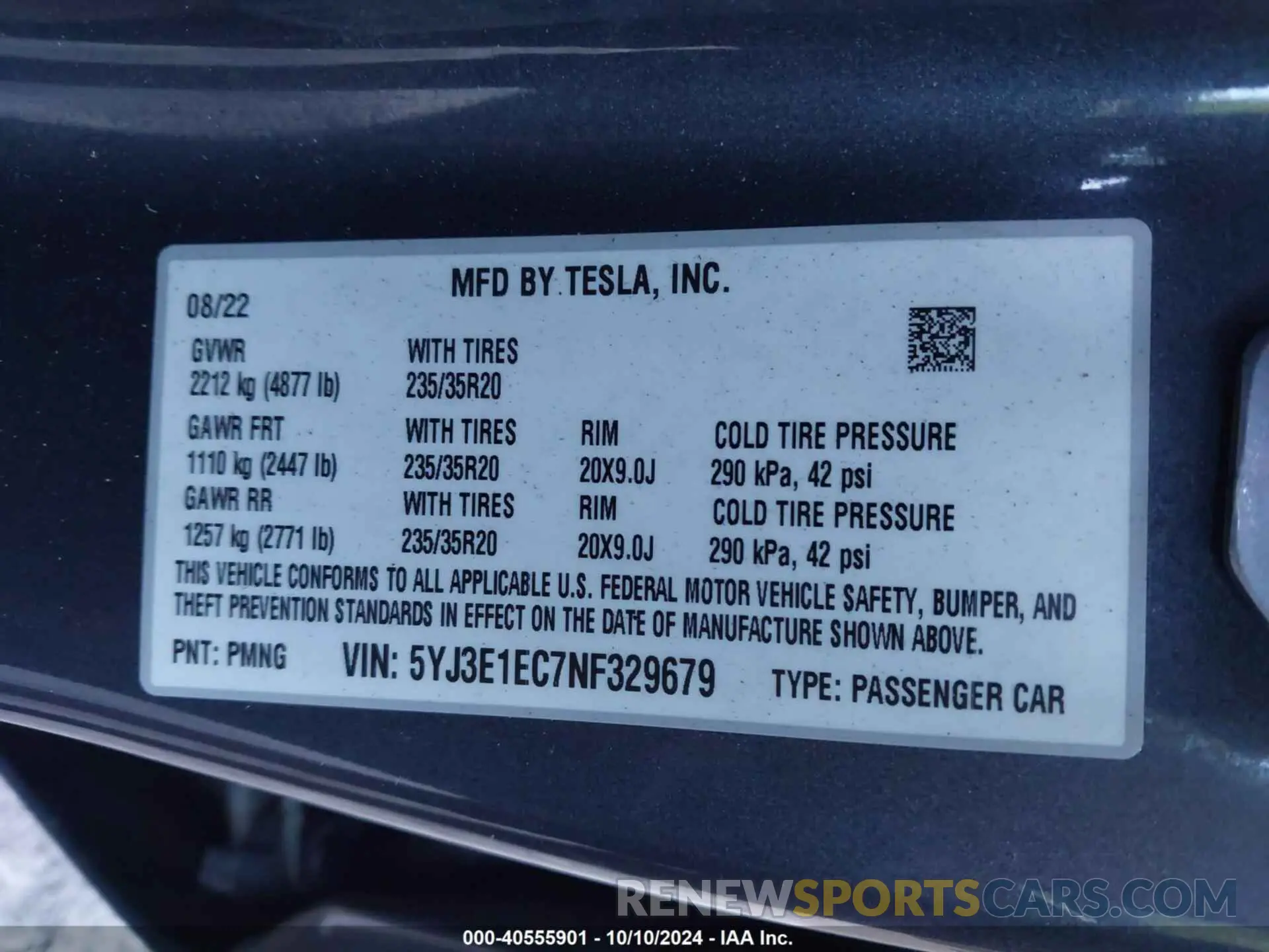 9 fotografías del automóvil dañado 5YJ3E1EC7NF329679 TESLA MODEL 3 2022