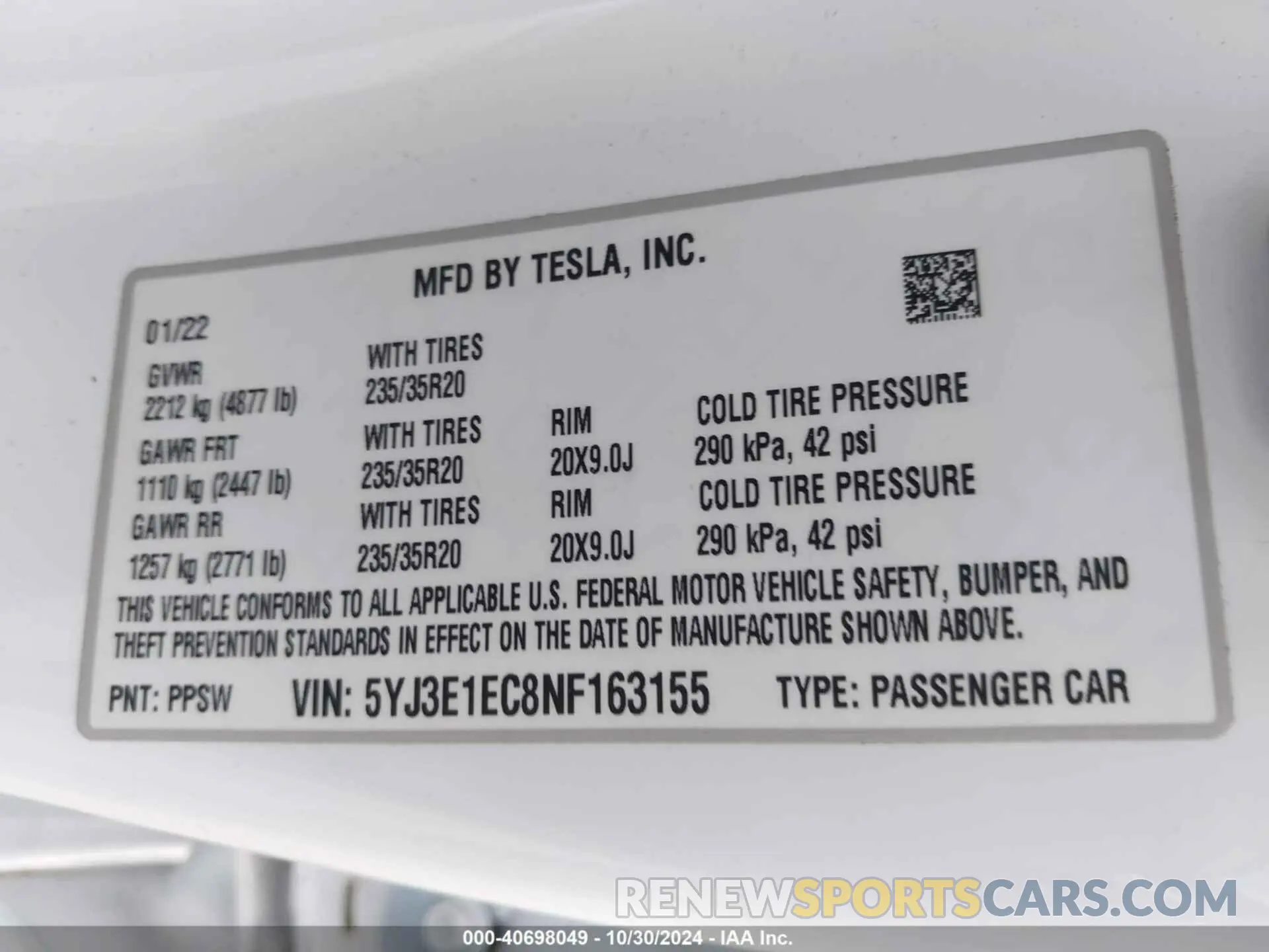9 fotografías del automóvil dañado 5YJ3E1EC8NF163155 TESLA MODEL 3 2022