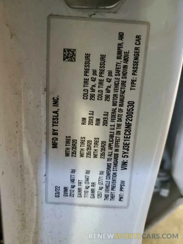 12 fotografías del automóvil dañado 5YJ3E1EC8NF200530 TESLA MODEL 3 2022