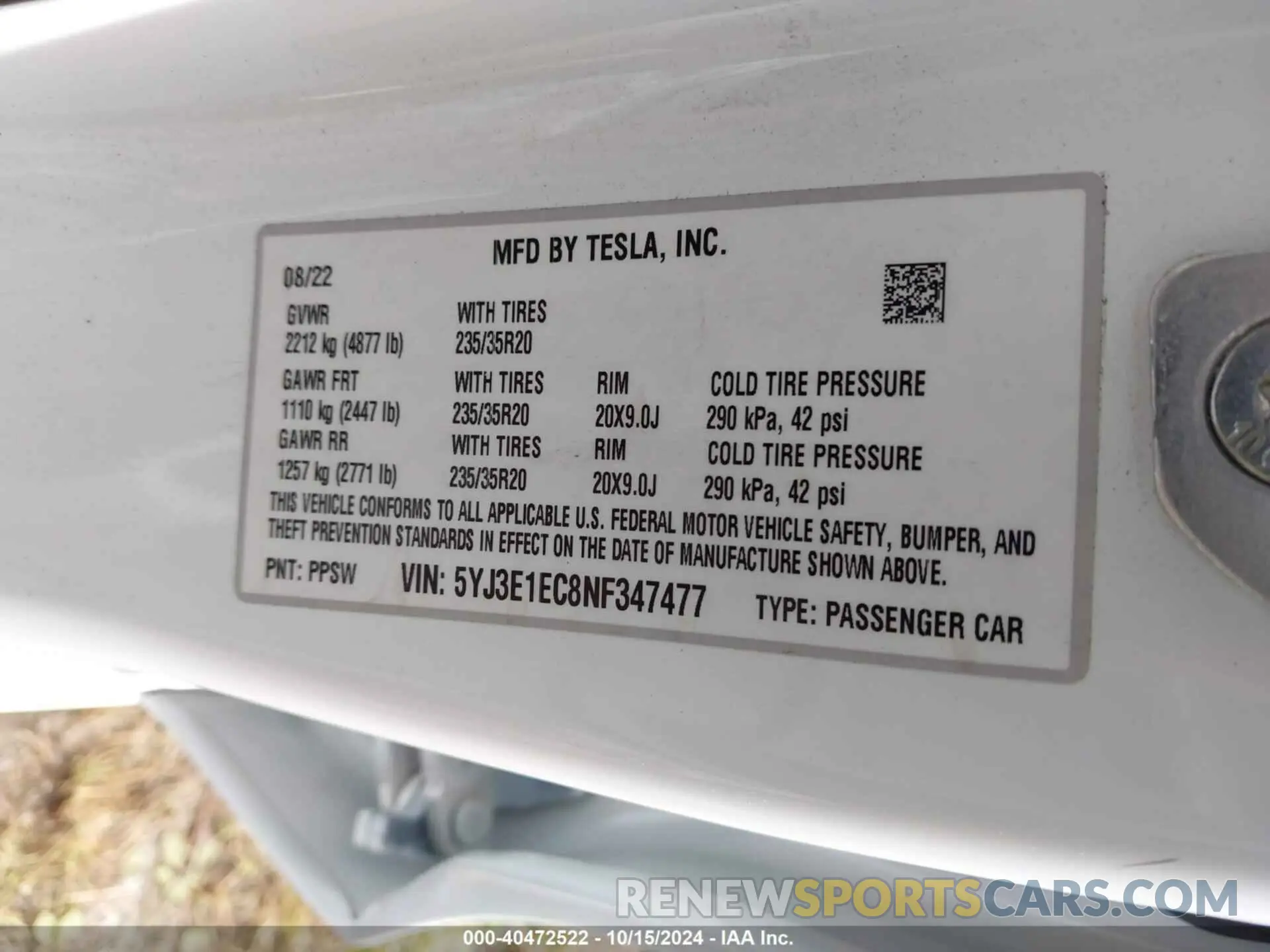 9 fotografías del automóvil dañado 5YJ3E1EC8NF347477 TESLA MODEL 3 2022