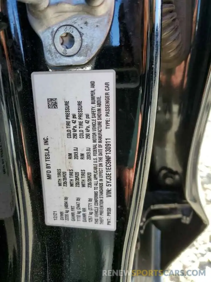 13 fotografías del automóvil dañado 5YJ3E1EC9NF130911 TESLA MODEL 3 2022