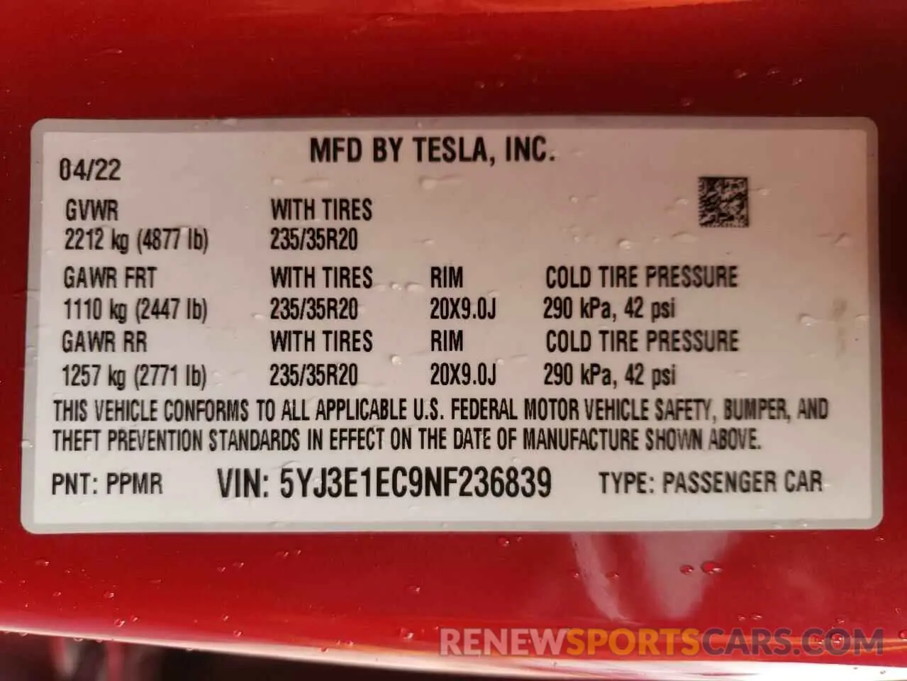 14 fotografías del automóvil dañado 5YJ3E1EC9NF236839 TESLA MODEL 3 2022