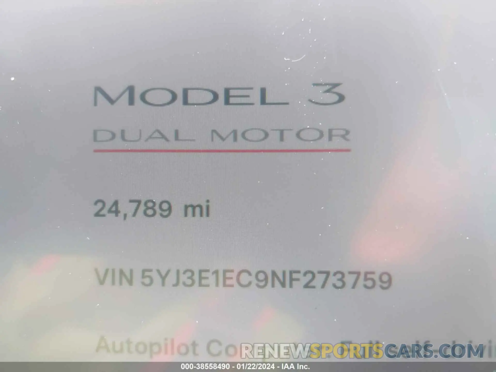 15 fotografías del automóvil dañado 5YJ3E1EC9NF273759 TESLA MODEL 3 2022