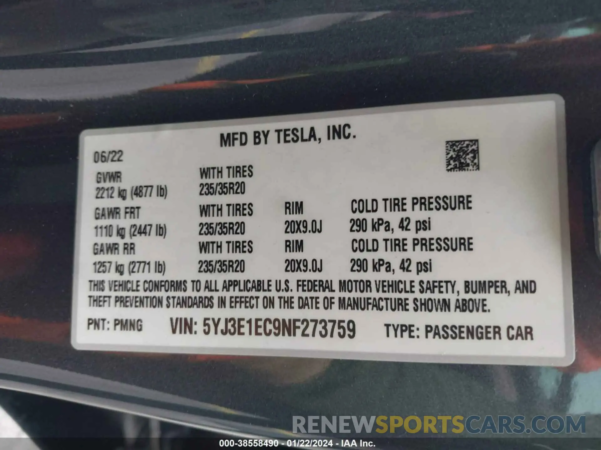 9 fotografías del automóvil dañado 5YJ3E1EC9NF273759 TESLA MODEL 3 2022