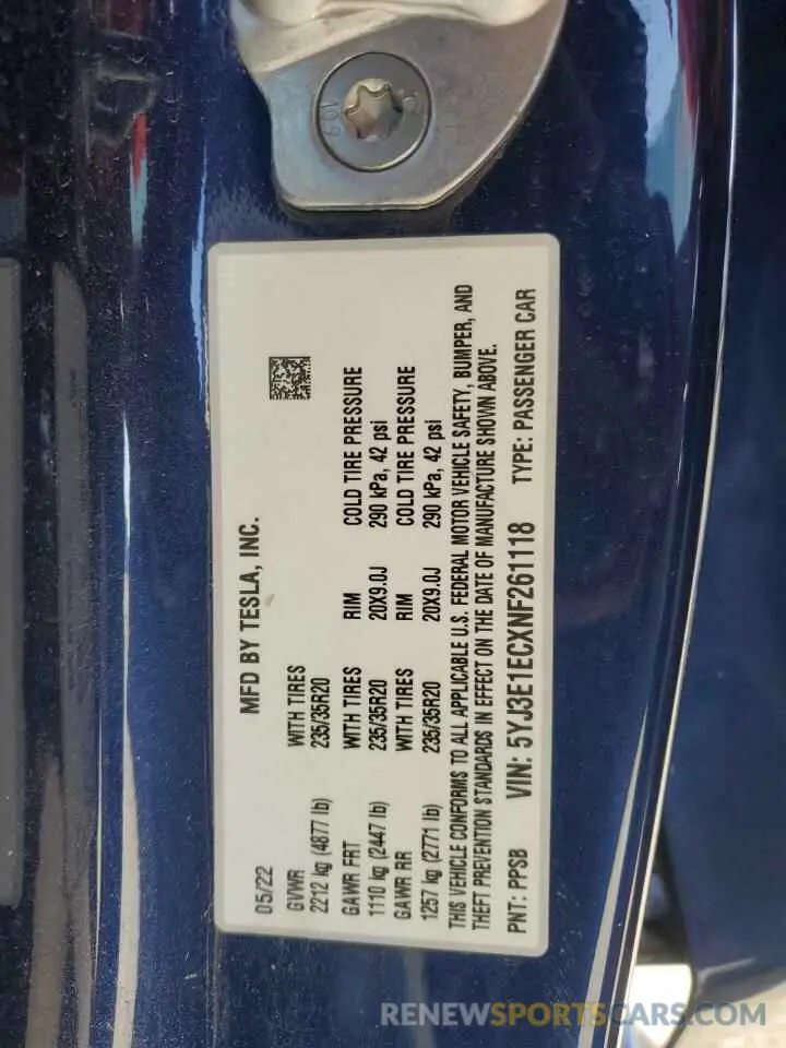 12 fotografías del automóvil dañado 5YJ3E1ECXNF261118 TESLA MODEL 3 2022