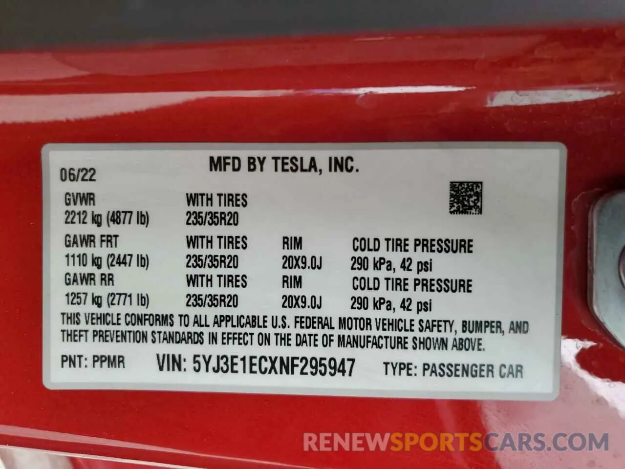 13 fotografías del automóvil dañado 5YJ3E1ECXNF295947 TESLA MODEL 3 2022