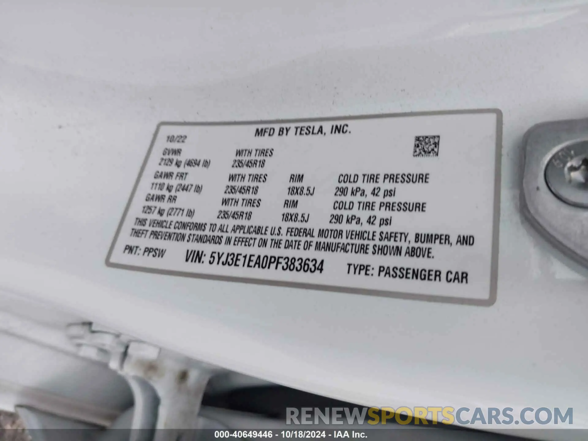 9 fotografías del automóvil dañado 5YJ3E1EA0PF383634 TESLA MODEL 3 2023