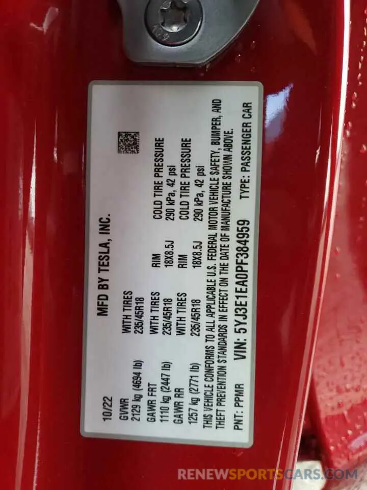 15 fotografías del automóvil dañado 5YJ3E1EA0PF384959 TESLA MODEL 3 2023