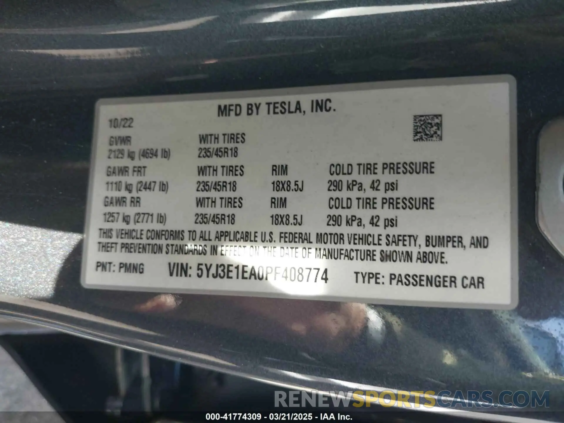 9 fotografías del automóvil dañado 5YJ3E1EA0PF408774 TESLA MODEL 3 2023