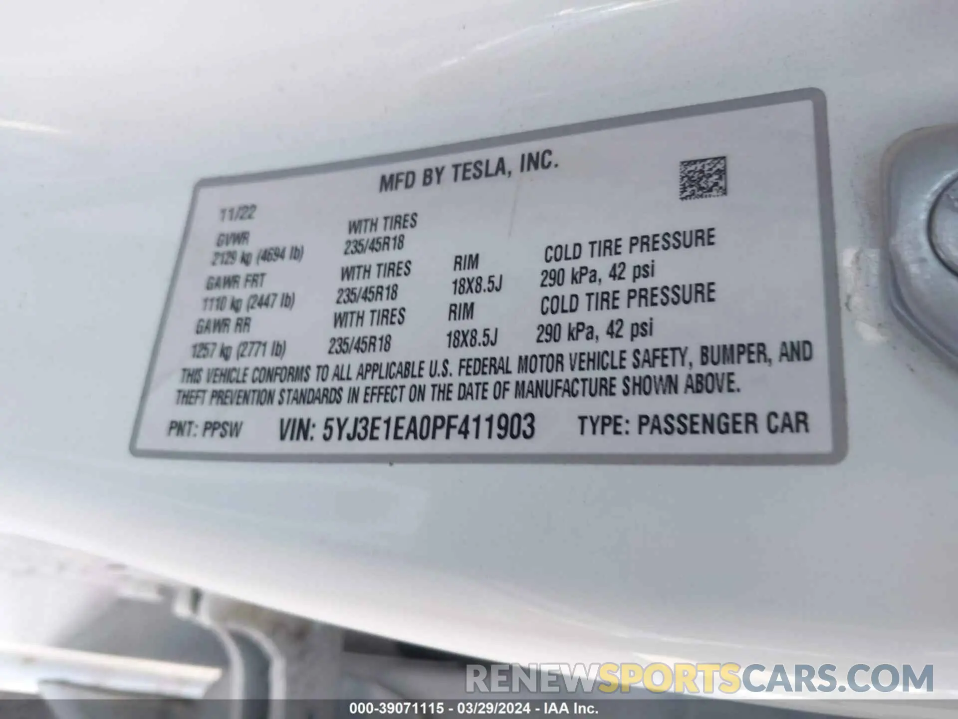 9 fotografías del automóvil dañado 5YJ3E1EA0PF411903 TESLA MODEL 3 2023