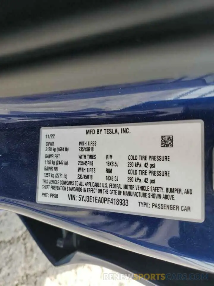 13 fotografías del automóvil dañado 5YJ3E1EA0PF418933 TESLA MODEL 3 2023