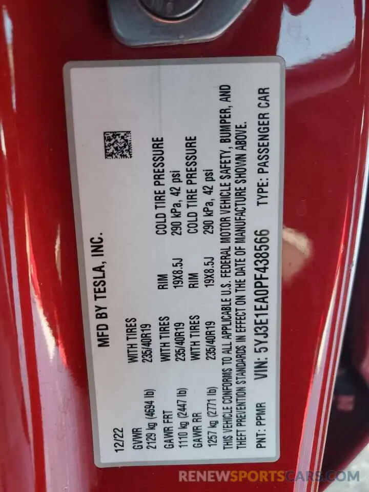 12 fotografías del automóvil dañado 5YJ3E1EA0PF438566 TESLA MODEL 3 2023
