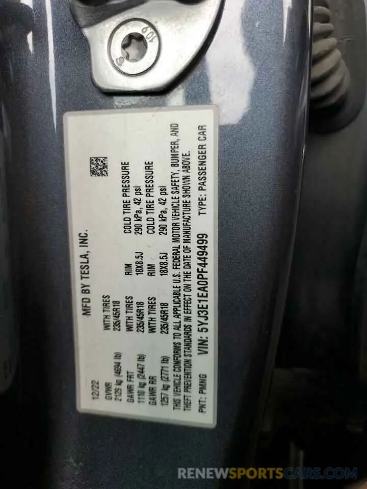 12 fotografías del automóvil dañado 5YJ3E1EA0PF449499 TESLA MODEL 3 2023