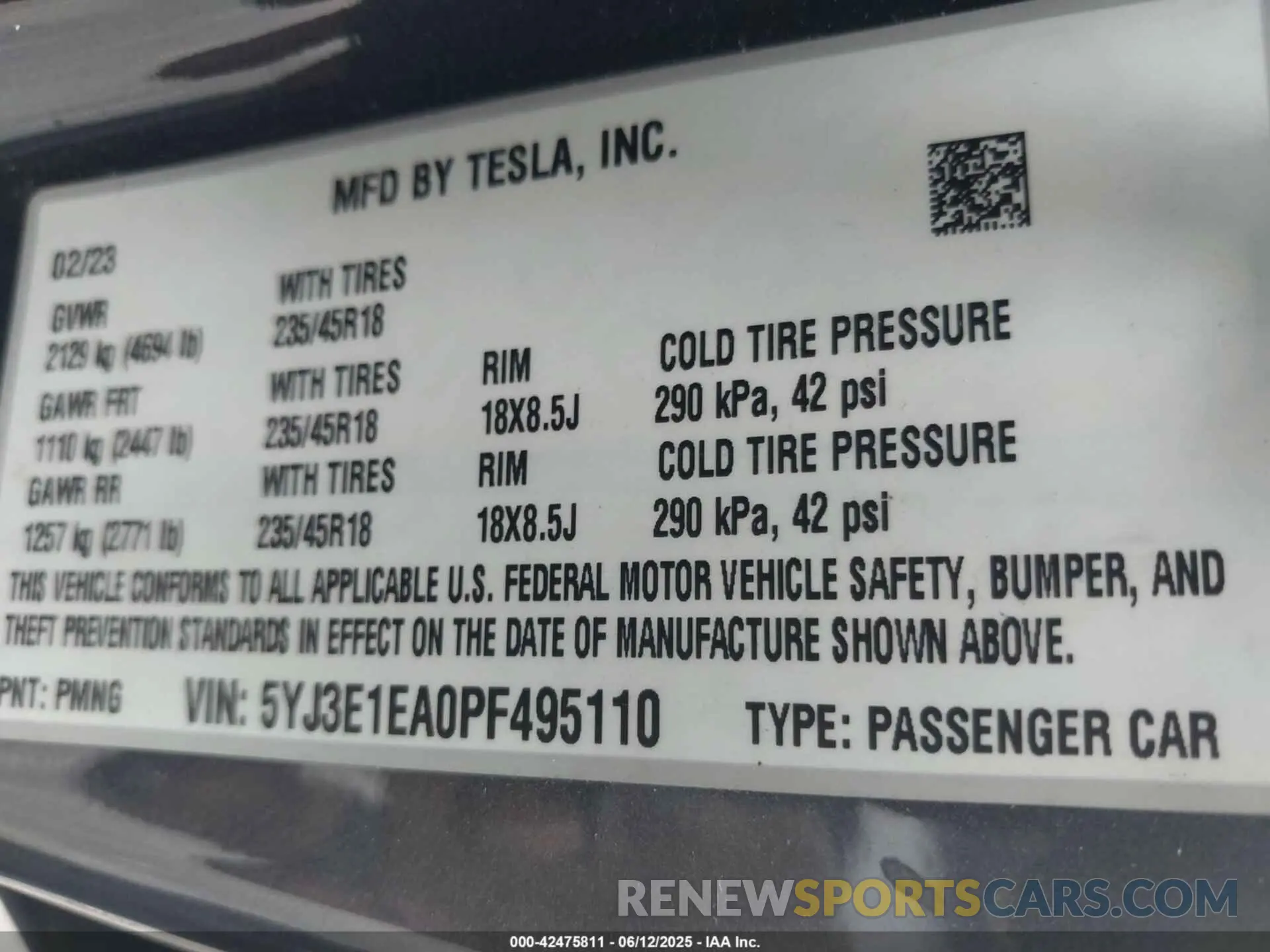 9 fotografías del automóvil dañado 5YJ3E1EA0PF495110 TESLA MODEL 3 2023