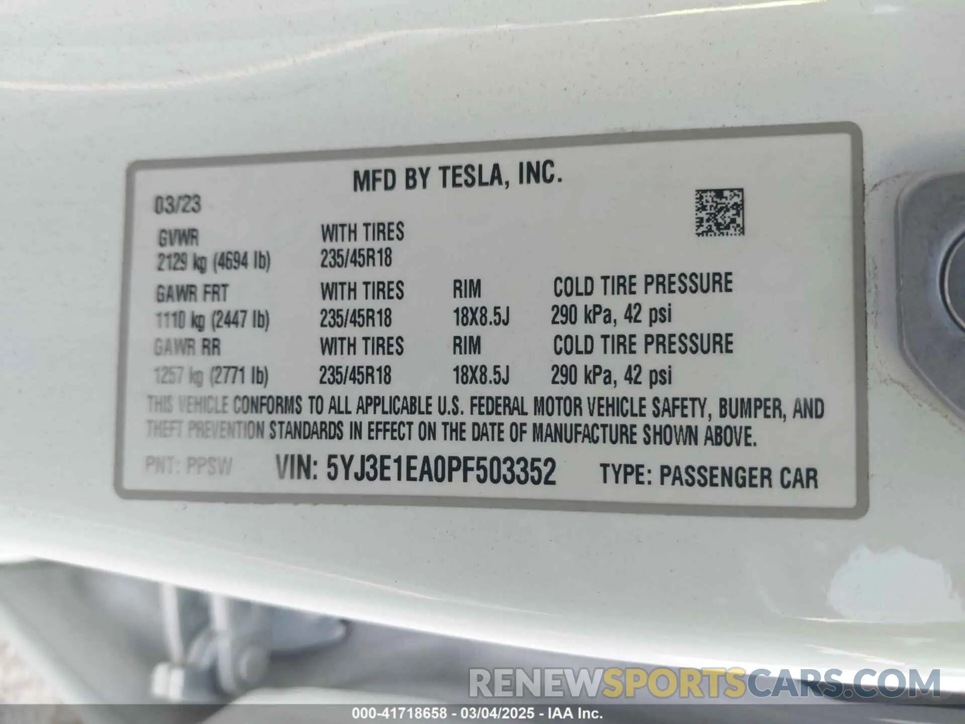 9 fotografías del automóvil dañado 5YJ3E1EA0PF503352 TESLA MODEL 3 2023