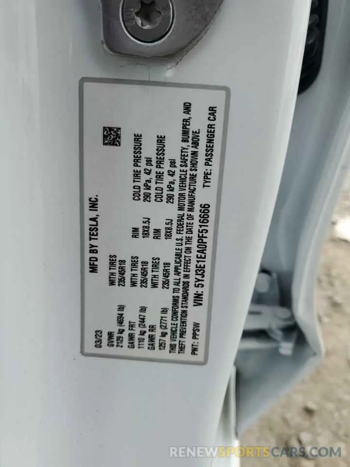 13 fotografías del automóvil dañado 5YJ3E1EA0PF516666 TESLA MODEL 3 2023