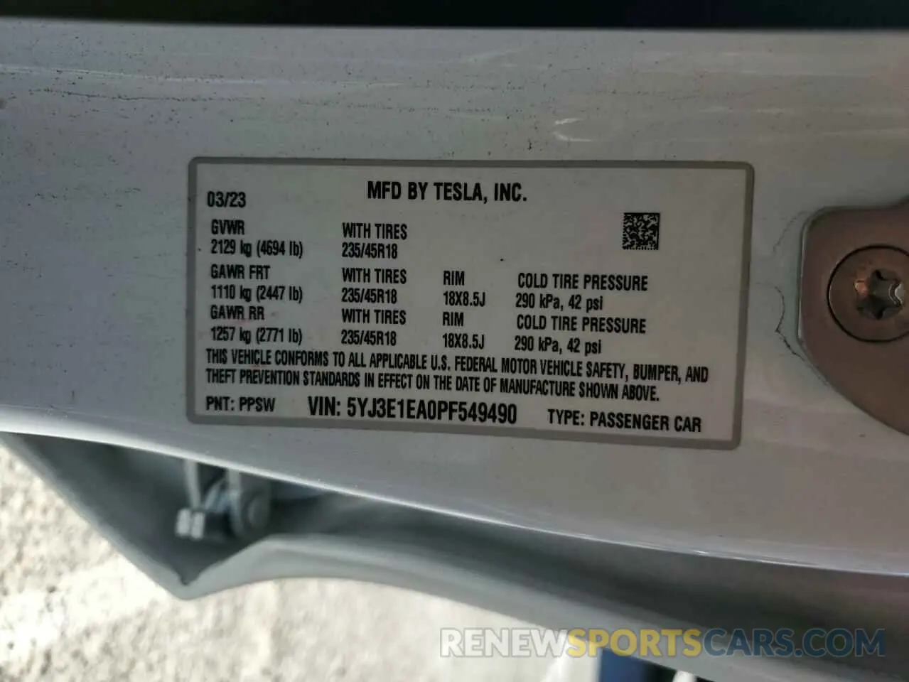 12 fotografías del automóvil dañado 5YJ3E1EA0PF549490 TESLA MODEL 3 2023