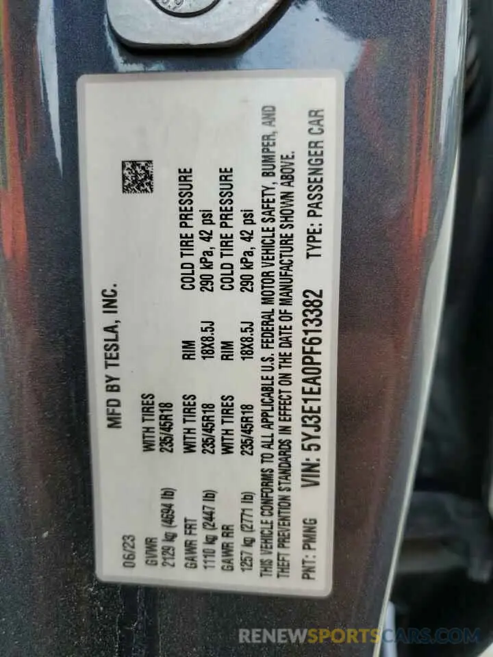 12 fotografías del automóvil dañado 5YJ3E1EA0PF613382 TESLA MODEL 3 2023