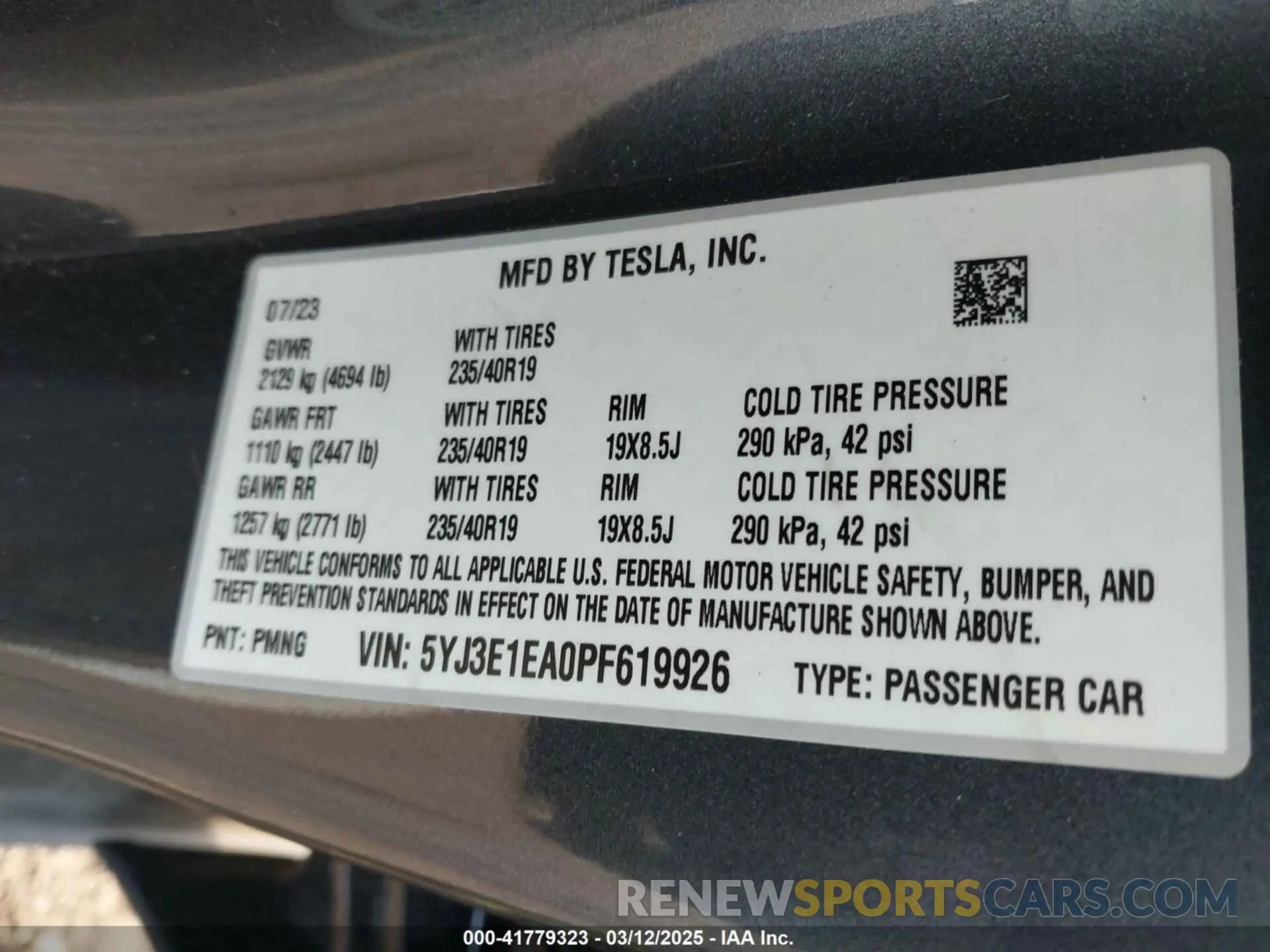 9 fotografías del automóvil dañado 5YJ3E1EA0PF619926 TESLA MODEL 3 2023