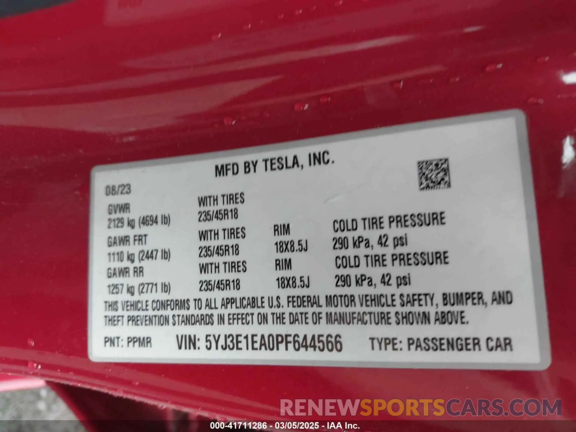 9 fotografías del automóvil dañado 5YJ3E1EA0PF644566 TESLA MODEL 3 2023