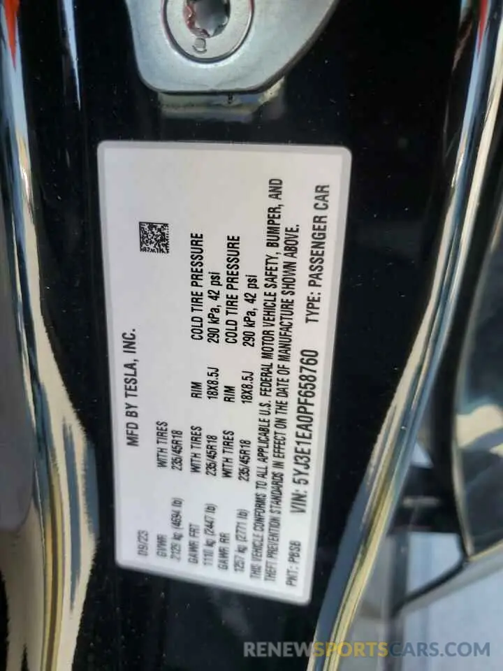 12 fotografías del automóvil dañado 5YJ3E1EA0PF658760 TESLA MODEL 3 2023