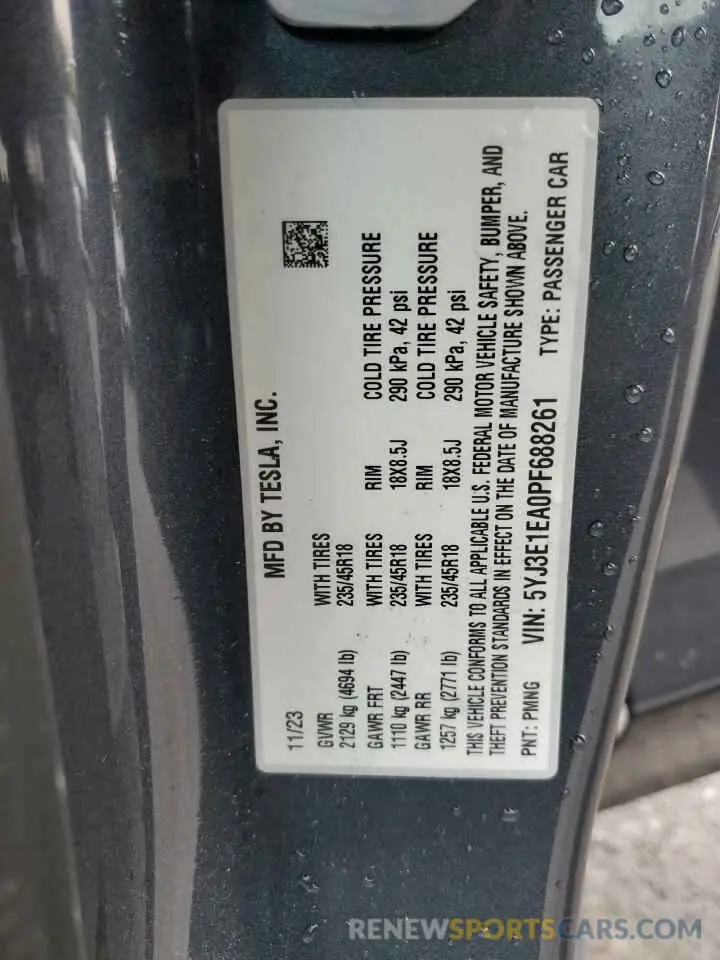 12 fotografías del automóvil dañado 5YJ3E1EA0PF688261 TESLA MODEL 3 2023