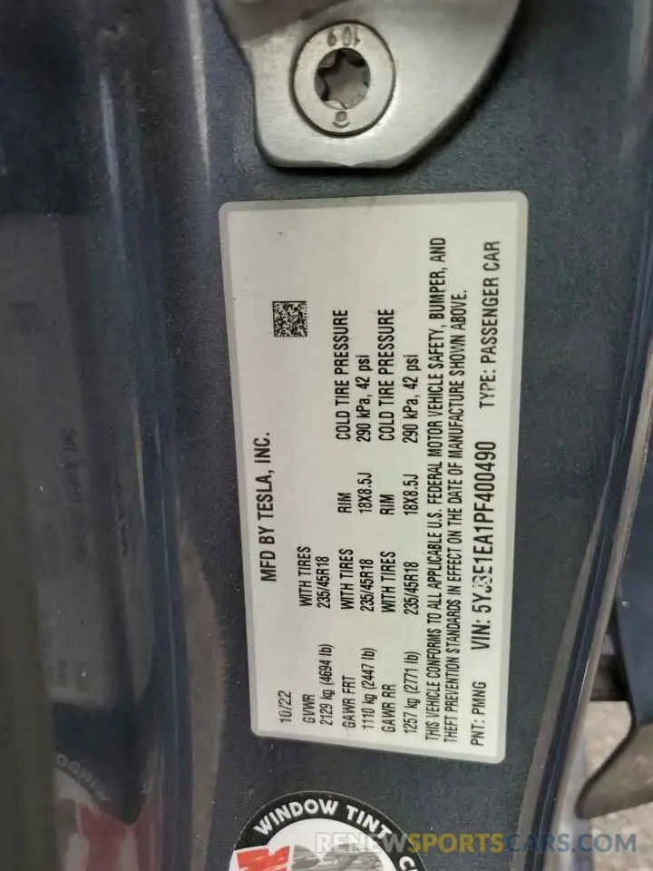 12 fotografías del automóvil dañado 5YJ3E1EA1PF400490 TESLA MODEL 3 2023