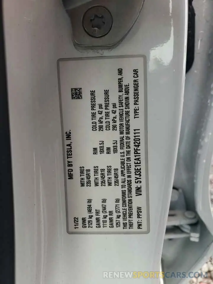 12 fotografías del automóvil dañado 5YJ3E1EA1PF420111 TESLA MODEL 3 2023