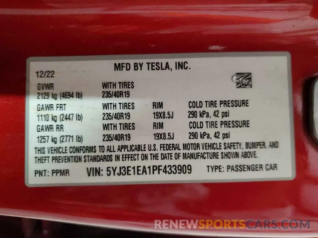 12 fotografías del automóvil dañado 5YJ3E1EA1PF433909 TESLA MODEL 3 2023