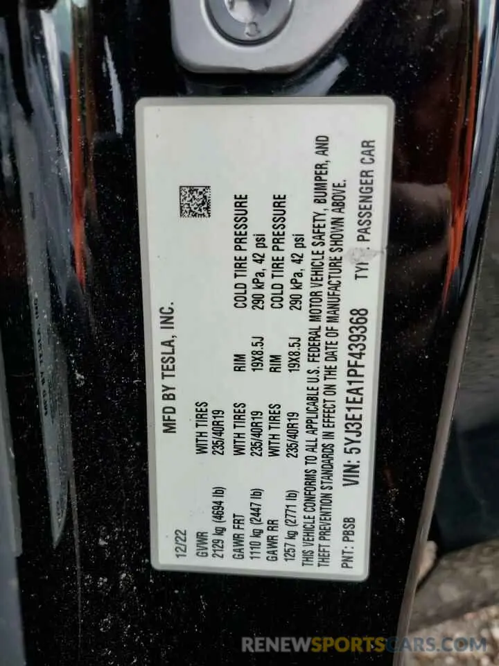 13 fotografías del automóvil dañado 5YJ3E1EA1PF439368 TESLA MODEL 3 2023