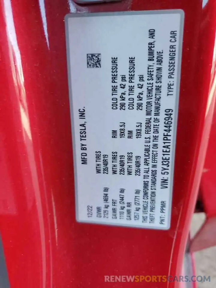 12 fotografías del automóvil dañado 5YJ3E1EA1PF446949 TESLA MODEL 3 2023