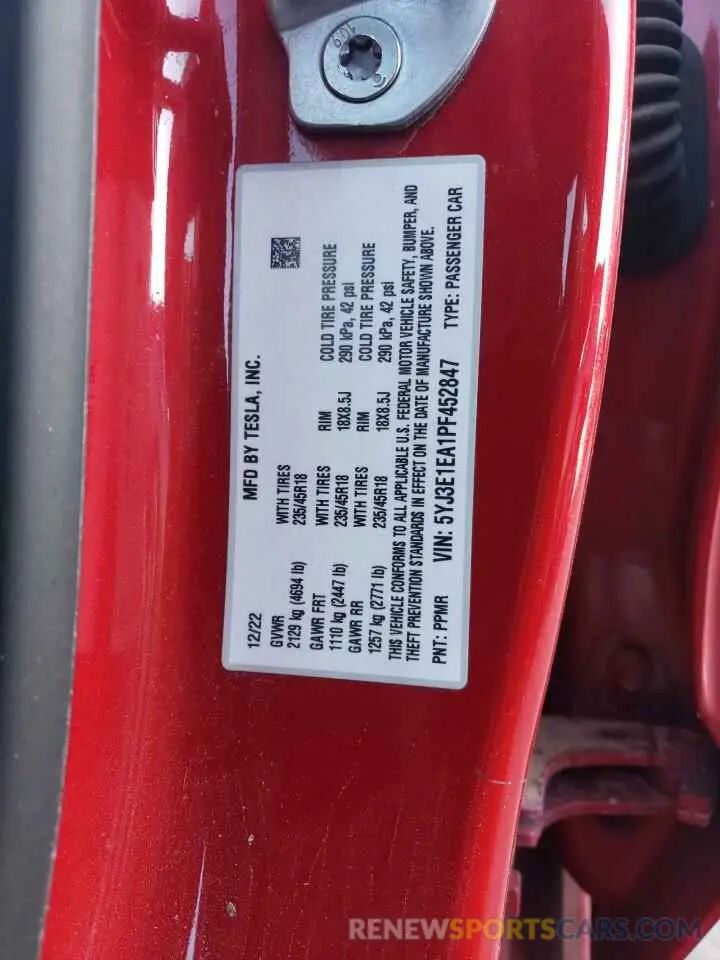 12 fotografías del automóvil dañado 5YJ3E1EA1PF452847 TESLA MODEL 3 2023